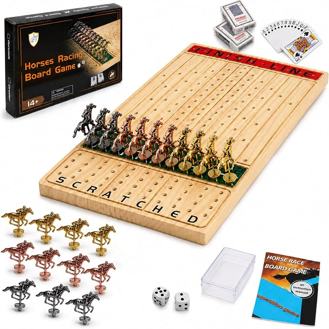 Jyquorp Horse Race Board Game (15.6" x 10") Solid Wood Horse Racing Board Game Set for 2-11 Players with 11 Luxury Metal Horses, 2 Dice & 2 Card Decks, Gifts for Family Party