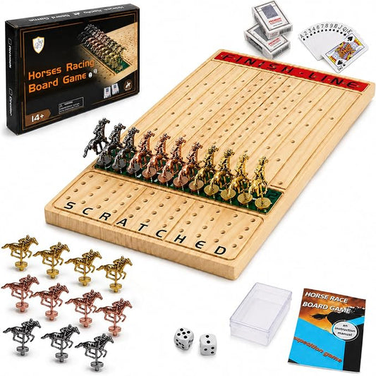 Jyquorp Horse Race Board Game (15.6" x 10") Solid Wood Horse Racing Board Game Set for 2-11 Players with 11 Luxury Metal Horses, 2 Dice & 2 Card Decks, Gifts for Family Party
