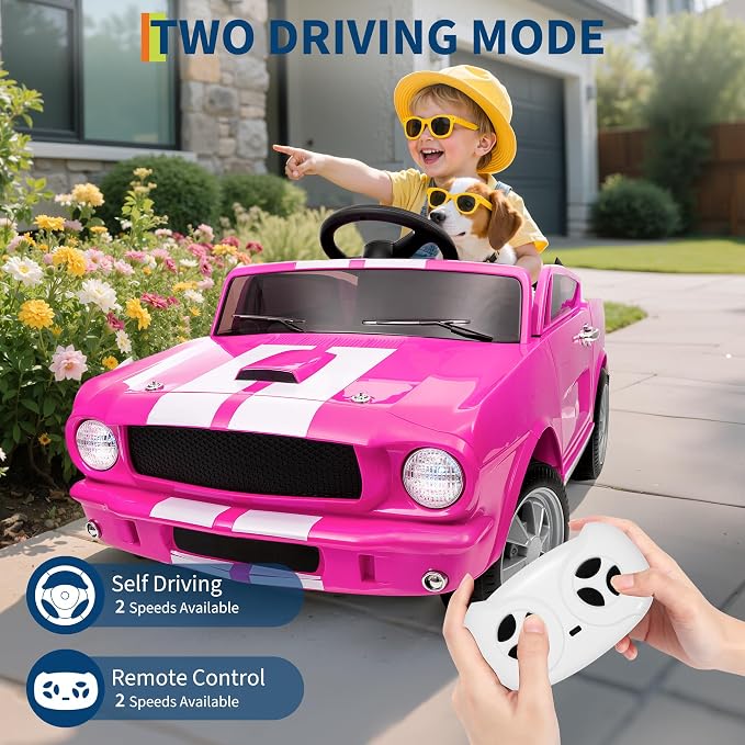 Garvee Ride on Licensed Shelby GT350, 12V Ride on Toys for Toddlers with Remote Control, Licensed Ford Shelby Kids Electric Vehicle with Safety Belt, 2 Speeds, Headlight, Upgraded Panel, Pink