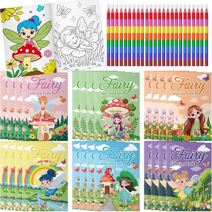 Cinrobiye 24 Set Fairy Coloring Books Bulk with Coloring Accessories, Fairy Garden Art Activity Set for Spring Gatherings, Creative Projects, Birthday Events and Themed Celebrations