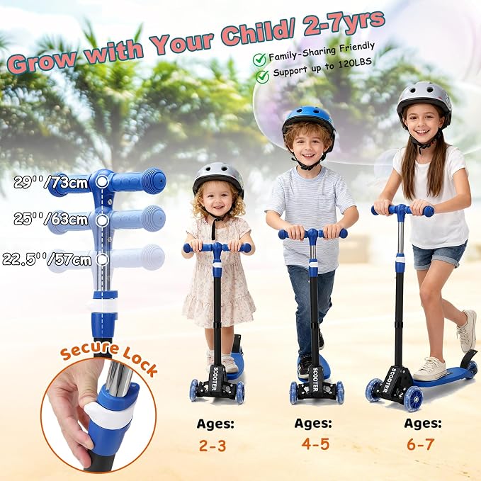 Kids Kick Scooter, Kick Scooter for Kids 2-7 Age, Light up 3 Wheels Kick Scooter, Heavy Duty Folding Lean-to-Steer Scooters with 3 Adjustable Handlebar for Boys Girls Blue