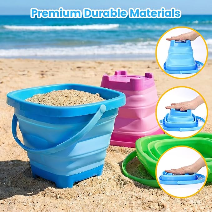 Shindel Collapsible Bucket for Kids, Foldable Pail Bucket for Beach Toys, Summer Toys, Camping Gear, Beach Party, Fishing, and Fun Summer Activities