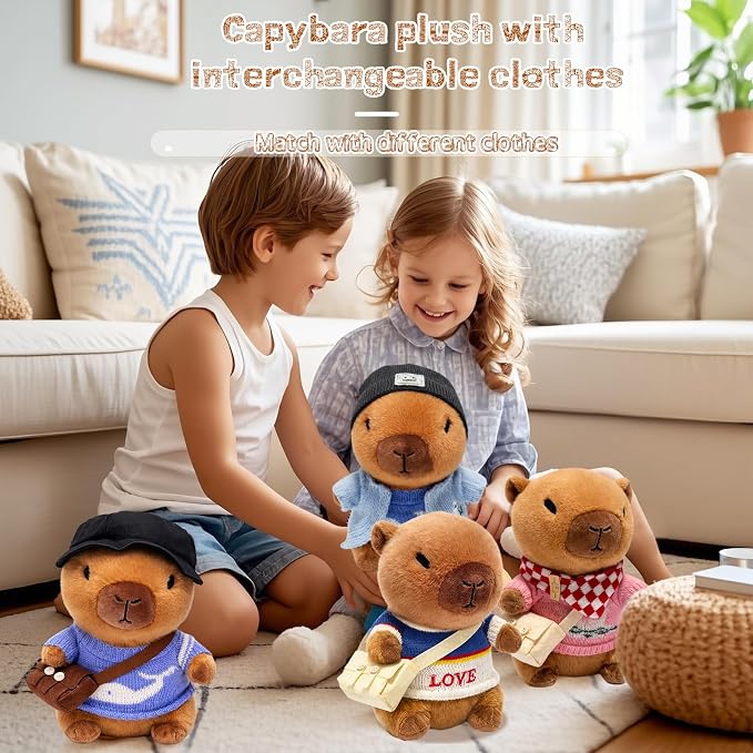 10.2" Brown Capybara Plush Toy with 9 Clothes and Accessories Super Soft Capybara Stuffed Animal for Kids Girls Boys (Blue Capybara)