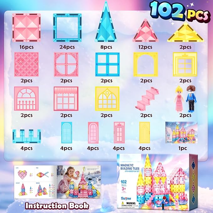 Magnetic Tiles 102pcs with 2 Stairs 2 Dolls Princess Castle Magnetic Building Blocks 3 4 5 6 7 8 9 10 Year Old Girl Birthday Gifts Toys for Girls 3-5 4-6 7-8 8-10 10-12