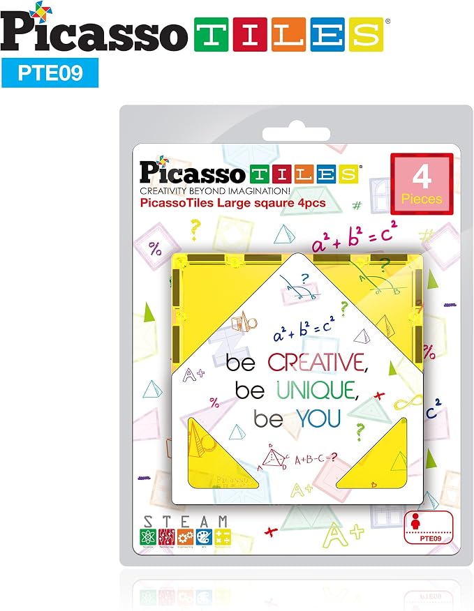 PicassoTiles 4pcs Magnetic Building Block Large Square Shape Magnet Tiles Construction Toy STEM Learning Kit Educational Playset Playboard Pretend Play Stacking Blocks Child Brain Development PTE09