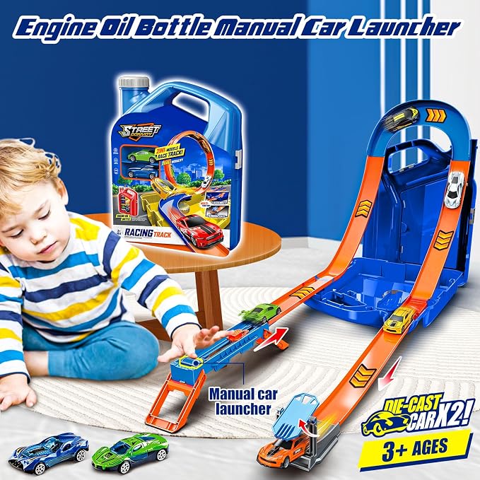 Race Track Toy Car Set with 2 Race Cars,2 in 1 Car Tracks Style with Storage Box,Changeable Tracks Toys Birthday Easter Gifts for Kids 3 4 5 6 7 8+Year Old Boys Girls (Blue)
