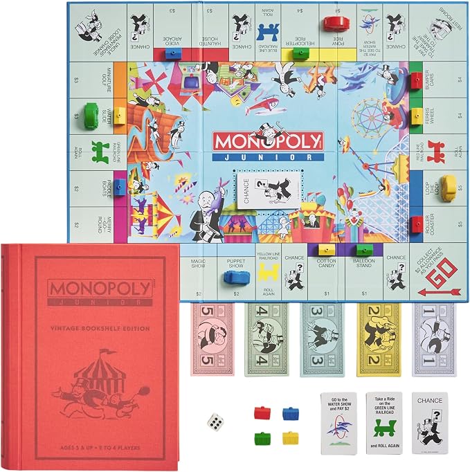WS Game Company Monopoly Junior Vintage Bookshelf Edition: Linen Fabric-Wrapped Book Case — Classic Monopoly Jr. Board Game for Family Game Night (2-4 Players, Ages 5+)