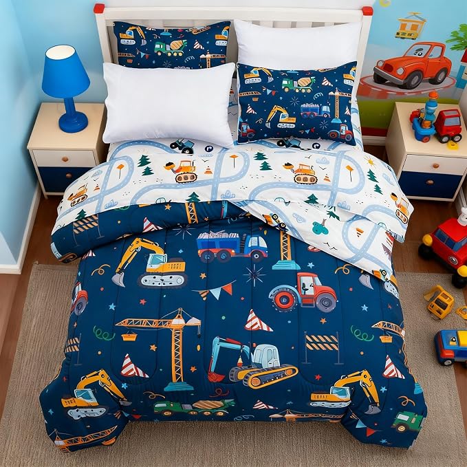 Holawakaka Trucks Tractors Cars Boy Bedding Comforter Set with Sheets, Full Size Cartoon Construction Car Excavator Print Kids Bed in A Bag 5-Piece, Boys Reversible Dorm Bed Sets (Navy Blue Full)