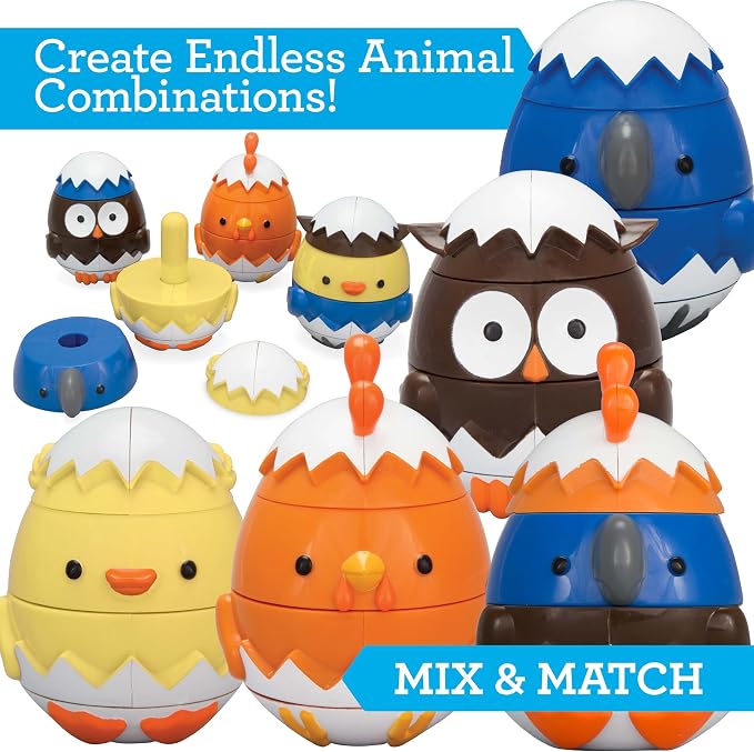 Egg Stacking & Sorting Animal Toys, Mix & Match Hatching Nesting Dolls (4 Farm Friends)- Fine Motor Skill Shape Sorters, Preschool Color Building Game Puzzle- Baby, Toddlers or Kids Montessori Gift