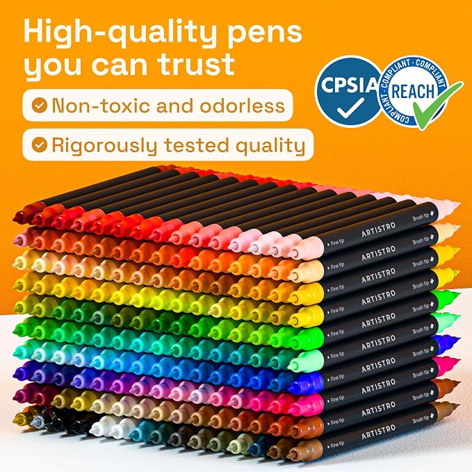 ARTISTRO 150 Acrylic Paint Markers - Paint Pens for Glass Marking, Rock Painting, Ceramic, Wood, Fabric, DIY, Craft, Canvas - Art and Craft Supplies for Adults, Teens, Kids (Brush + Fine Tips)