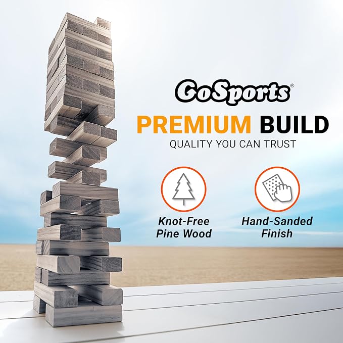GoSports Giant Wooden Outdoor Stacking Game – Stacks Up to 3 ft – Large Toppling Tower with Case for Yard Games, Family Game Night, Camping, and Parties