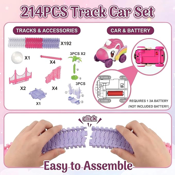 Race Car Tracks Toy Set for Girls Age 3-8, 214PCS Pink Princess Cars Toys | with Monster Truck & Magic Bendable Train Tracks, Flexible DIY Raceway Set for Toddler Girls Christmas Birthday Gifts