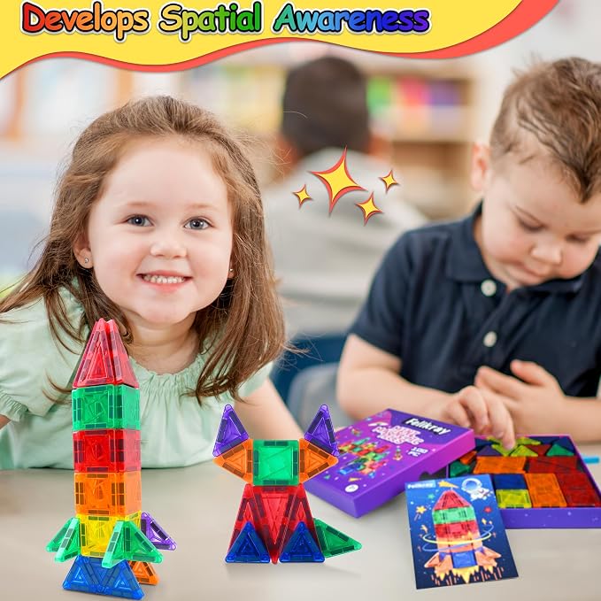 100pcs Mini Magnetic Tiles, Travel Kids Toys STEM Magnet Toy, Easter Basket Stuffer for Toddler Magnetic Blocks Building Preschool Learning Sensory Montessori Toy for Boys and Girls