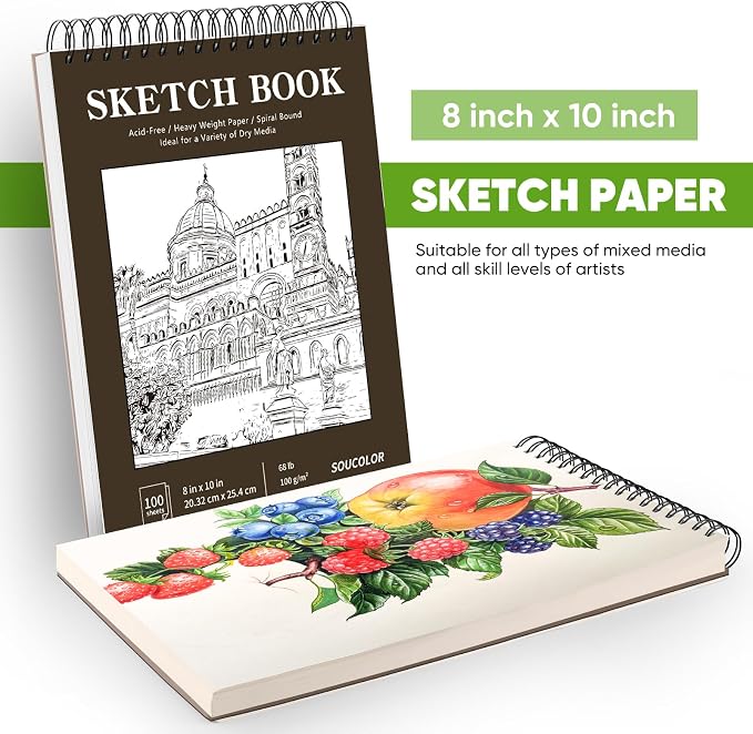 Soucolor 8" x 10" Sketch Book, 100 Sheets (68lb/100gsm) Acid-Free Drawing Paper, Spiral Bound Sketch Pad for Artist Adults Teens Kids, Art Supplies for Drawing Painting, Gift for Kids