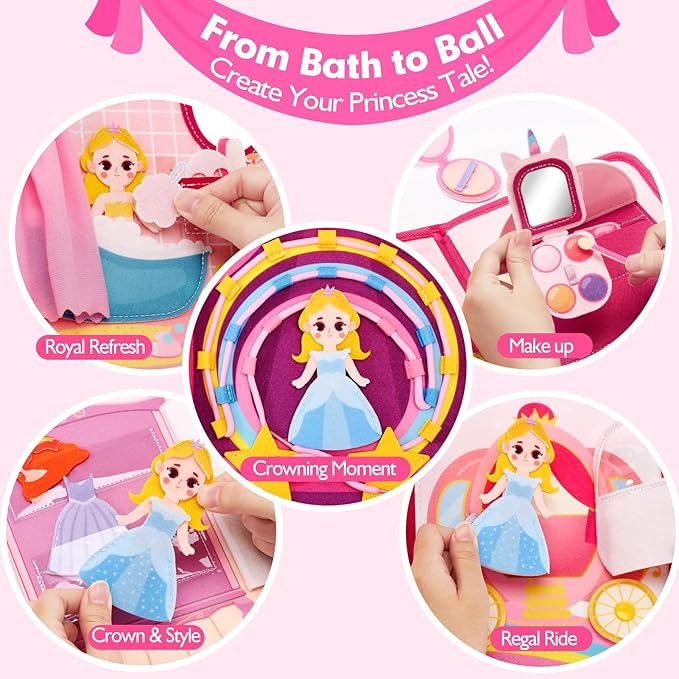 hahaland Princess Busy Book Toddlers 3-5, Dress up Pretend Play Makeup Toys | 3 Year Old Girl Gifts, Toddler Airplane Car Seat Travel Toy Quiet Felt Activity Busy Board for Girls