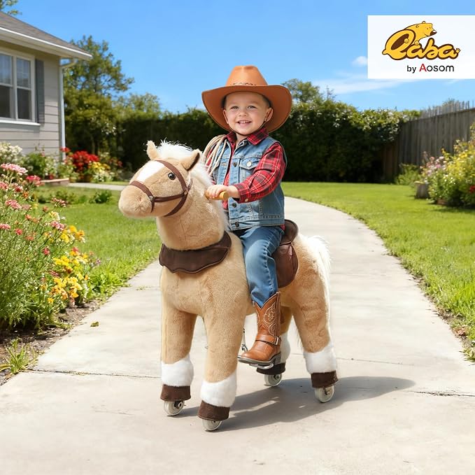 Qaba Ride on Horse for Kids 3-5 Years, 31.5 Inch Height Plush Riding Pony, Walking Horse Animal with Rolling Wheels for Active Play, No Batteries Required, Brown