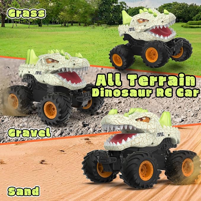 Dinosaur Remote Control Car 2.4GHz RC Monster Truck 1:24 Scale RC Car with LED Lights & Movable Mouth, Rechargeable Dinosaur Toys Birthday Gift for Boys 6-12, Orange