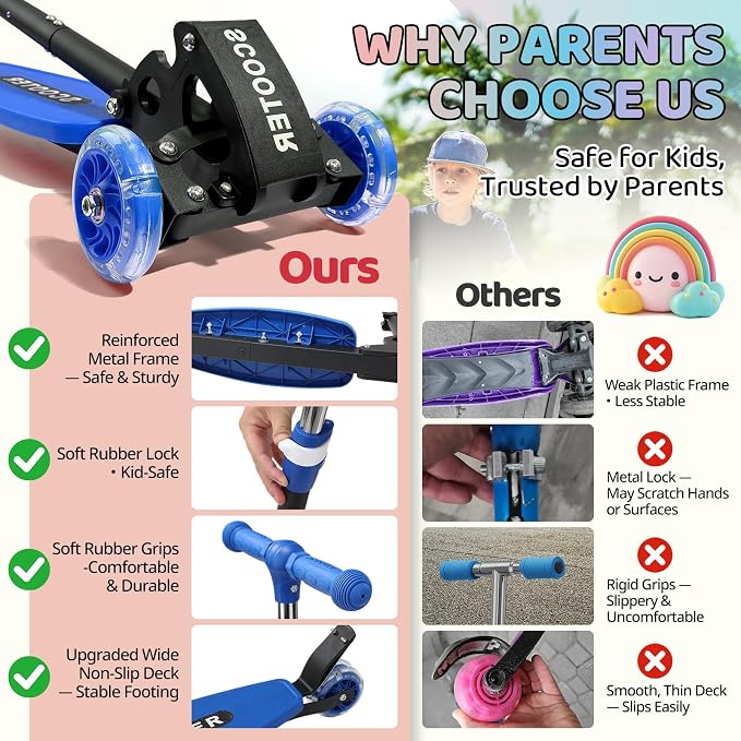 Kick Scooters for Kids 5-7 8-12,Lean to Steer,Three Wheeled Light Up,28"-32" Adjustable Handlebar,Widen Anti-Slip Deck,Floor Push Scooter for Boys Girls Ages 6-12 3-4 Old,Foldable for Travel