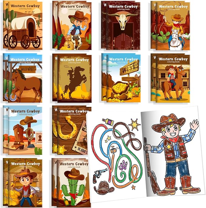 BenLouis 24 Pcs Western Cowboy Mini Coloring Books Kids Wild West Party Favors Small Activity Books Bulk for Kids Yee Haw Rodeo Horse Birthday Horse Goodie Bags Stuffers Return Gifts Classroom Travel