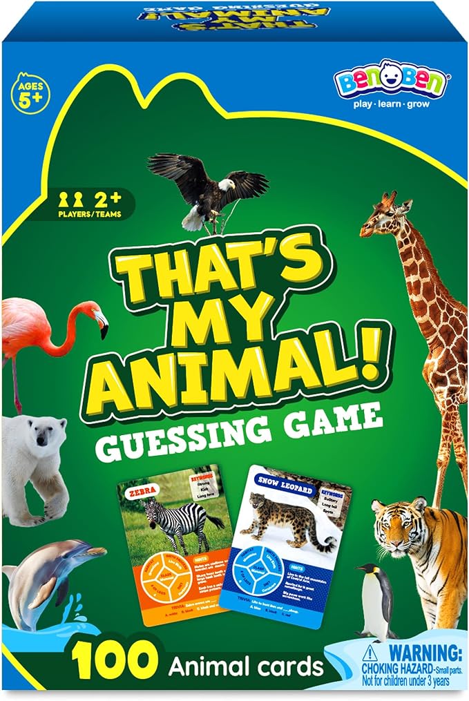 BenBen Guess the Animal in 10 Clues Card Games for Kids & Family, 100 Cards, Animal Trivia Game for Travel, Classroom, Camping, Party, Car, Airplane, Road Trip Activities for Boys Girls Ages 5+