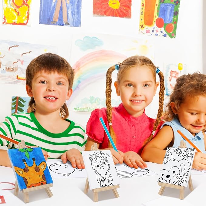 Tenceur 48 Pcs Kids Paint Party Favors Sets with 12 Pcs Animals Pre Drawn Canvas Panel and Wooden Easel Set Paint Pots and Brushes 12 Mini Apron and Tote Bag for Kids Girls Student Boys