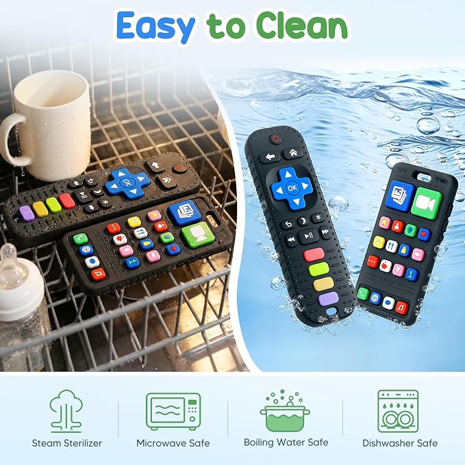 2 Pack Baby Teething Toys 3-6 6-12 Months, Sensory Silicone Phone and Remote Teether Toys for Teething Relief, Infants Newborn Chew Toys 6-18 Months for Sucking Needs, Shower Birthday Gifts