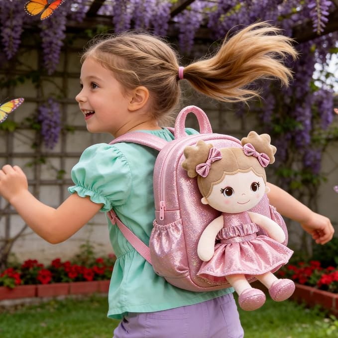 Lazada Toddler Backpack - Baby Girl Gifts Curly Fingerprints Plush Doll Dress Backpack - Fashion Girls Curly Rolled Fingerprints Series - Apricot Pink 11 Inches