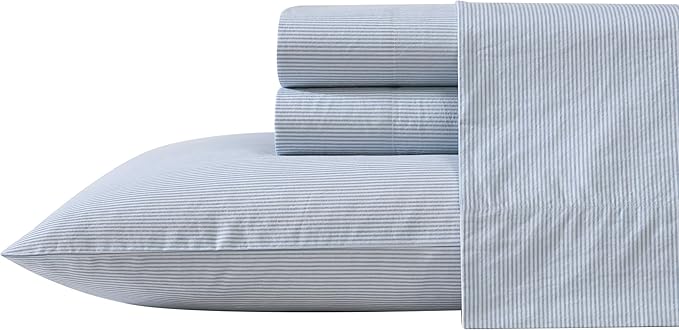 Nautica – Twin XL Size Sheet Set, Crisp Cotton Percale Bedding with Matching Pillowcase, Lightweight & Breathable Bed Sheets, Deep Pocket, College Dorm Room Essentials (Penny Pinstripe Blue)