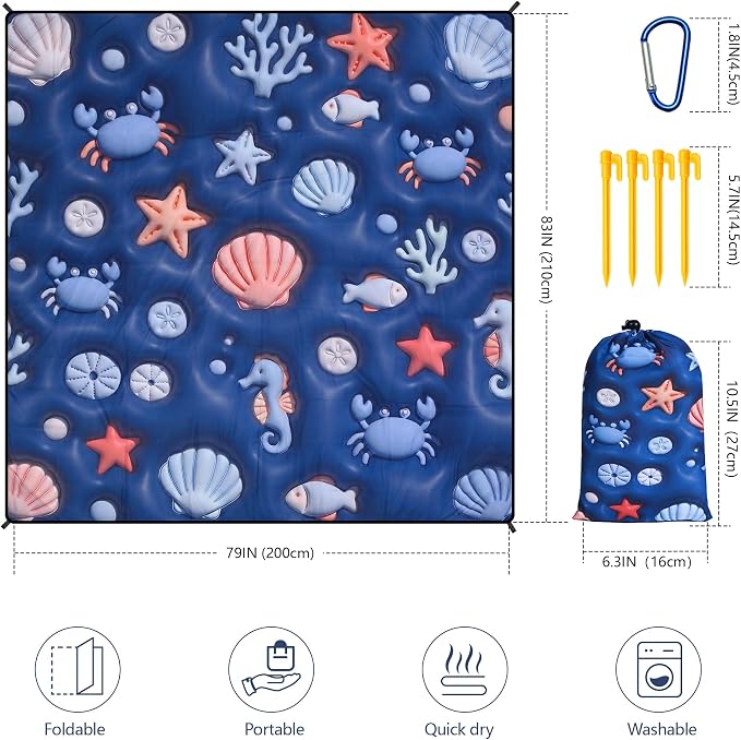 WIWIGO Beach Blanket Waterproof Sandproof Beach Mat 79" X 83"/10'x9'for 2-8 Adults Quick Drying Outdoor Picnic Mat Beach Accessories for Travel, Camping, Hiking
