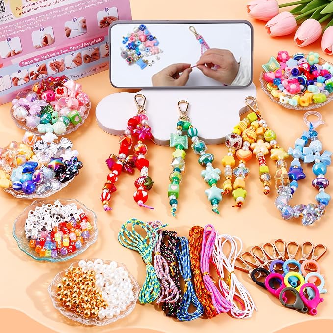 TOHONGADON 1812 Pcs Bead Keychain Making Kit, 7 Color Rainbow Beads Bag Charm Kit, Keychain Making Supplies with Beads, Great for Gifts, Festival, Party, Activity