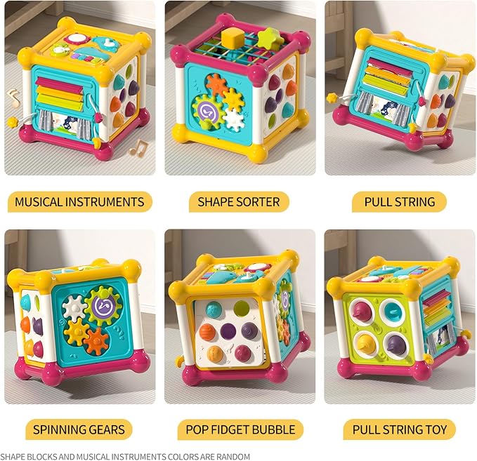 Baby Activity Cube, 12-in-1 Educational Early Development Toy with 4 Sensory Shape Blocks, Music Busy Board, Montessori Toys for 1 2 Year Old, Birthday Gift for 1 Year Old