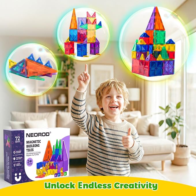 NEOROD Magnetic Tiles Travel Set - 72 PCS Regular & Mini Mixed Building Tiles - STEM Educational Toys for Toddlers & Kids - Portable Storage Box for Outing - Birthday Gift for Boys Girls