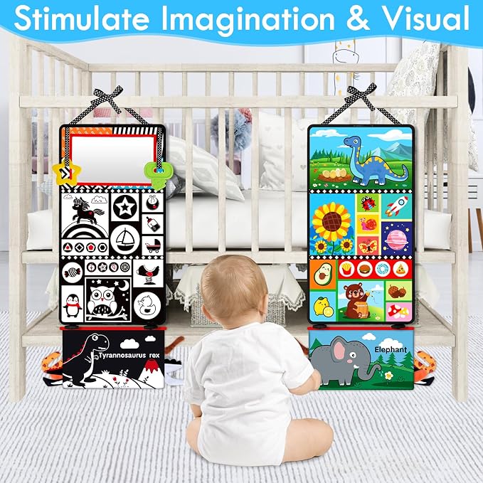 Aboosam Tummy Time Baby Mirror Toys 0-6 6-12 Months - Montessori Infant Toys Brain Development with Crinkle Cloth Book and Teether - High Contrast Newborn Sensory Toys for Babies Boys Girls Gifts