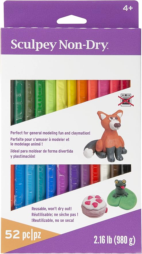Sculpey Non-Dry™ Resuable, Non Drying Clay; 52 Pieces of Clay, Assorted Colors, 2.16 lbs of Clay, Variety Pack. Great for claymation and General Modeling. Ages 4 and up