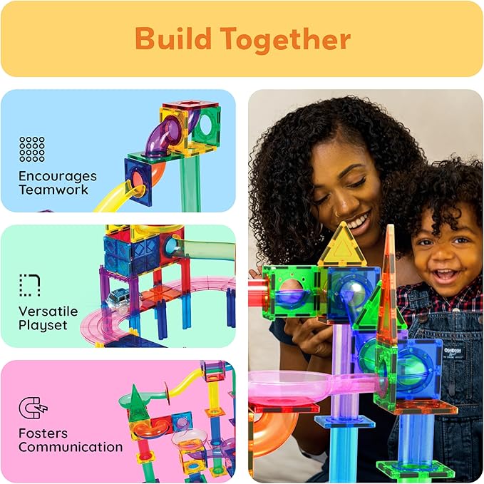 PicassoTiles 108 Pcs Marble Run with Race Track Set with Magnetic Tiles Cars and Marbles STEM Learning Toy 3-in-1 Building Construction Kit for Indoor Activity Development Boys & Girls Ages 3+ PTG108