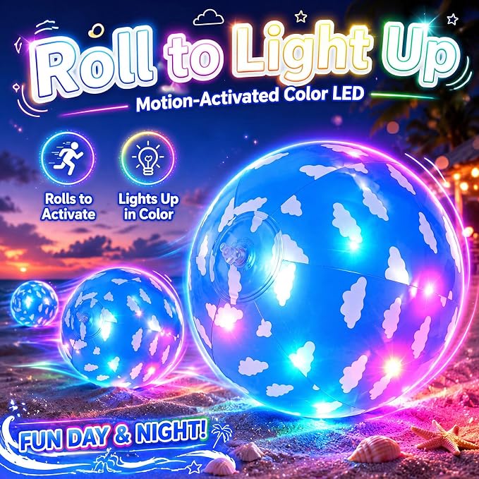 Vinsot 12 Pack Light up Inflatable Beach Ball 7.87" Blue Sky White Clouds LED Beach Balls for Kids, Motion Activated Glow in The Dark Swimming Pool Toys, Birthday Party Favors