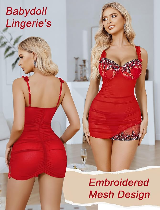 Avidlove Lingerie for Women Mesh Babydoll Lingeries Lace Chemise Floral Sleepwear Dress Sheer Exotic Boudoir Outfit S-XXL