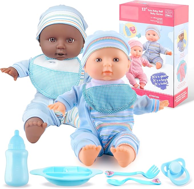 Toy Choi's Twin Baby Dolls 12 inch Soft Body Black and White Doll Set, Babydoll Playset with Rompers, Hat, Pacifier and Doll Bibs, Gifts Toys Toddlers Kids Boys and Girls | Blue Outfit Doll Set