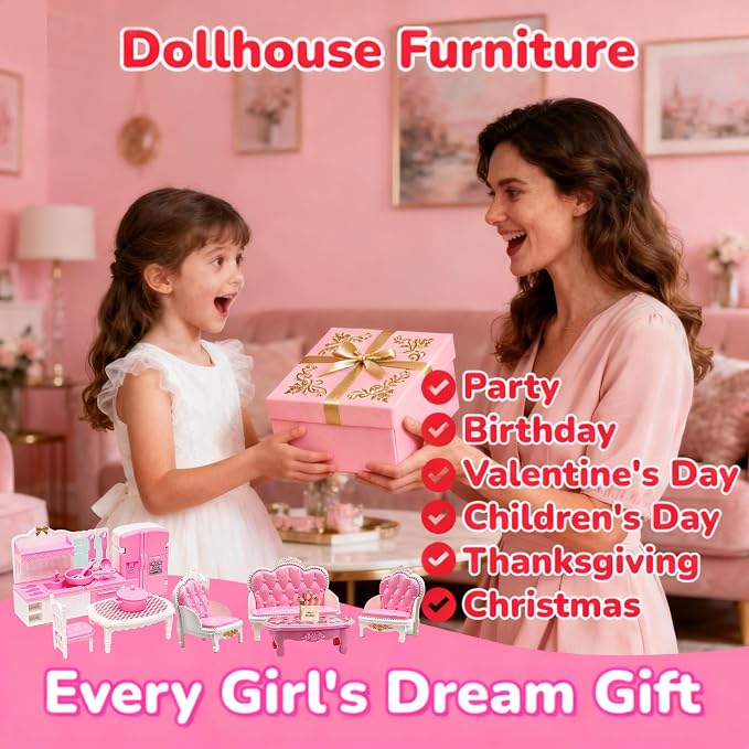 Dollhouse Furniture Set - 38 Pcs,Miniature Accessories with Cat,Dog, Kitchen, Bedroom, Living Room & Bathroom - Doll House Accessories and Furniture Toys for Boys Girls Age 3+