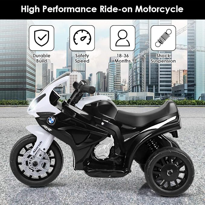 Costzon Kids Electric Ride on Motorcycle w/Headlights &Music, Pedal, Licensed BMW 6V Battery Powered 3 Wheels Motorcycle Toy for Children Boys & Girls (Black)