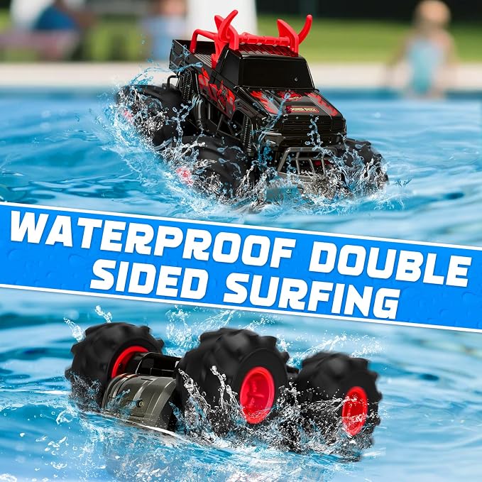 1:16 Waterproof Monster Truck Toys RC Cars, 2.4GHz Remote Control Truck for Kids Boy Ages 8,9,10,11,12 Years Old, 4WD All Terrain Off-Road with LED Lights RC Boat for Boy Girl Birthday Gift - Red