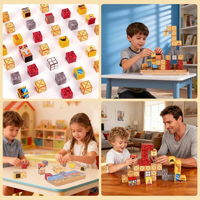 Magnetic Building Blocks Sensory Toys, Toddler Montessori Construction Stacking Toys, 35PCS Magnet Cubes for Kids, Gifts for Boys Girls, Portable Travel Toy Stem Learning Activities for Toddlers 3-8