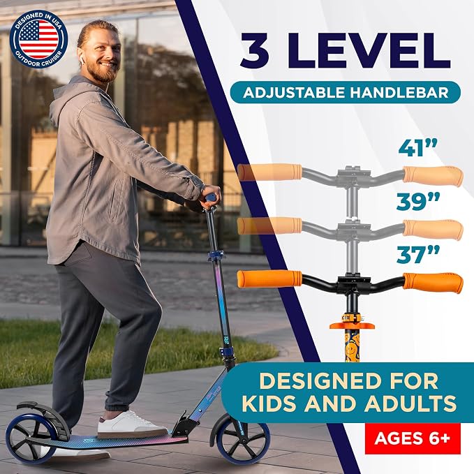 Outdoor Cruiser Kick Scooter for Ages 6+, for Kids, Teens, and Adults, Max Load 250 LBS, Foldable, 8-inch Big Wheels, Dual Suspension, 3 Adjustable Levels, Child Safety Approved, Orange