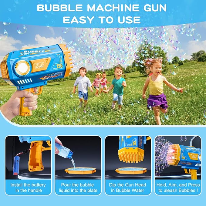 Deserthome Bubble Gun, 125 Holes Bubble Machine with Lights, Bubble Guns for Kids Ages 4-8 Year Old, Big Bubble Gun Blaster for Wedding, Easter Outdoor Toy Birthday Bubble Maker Party Favors (Blue)