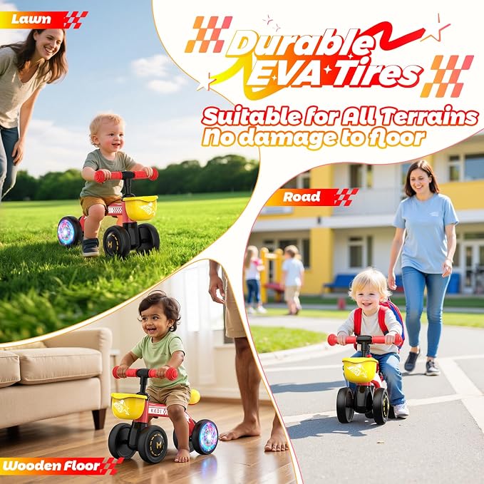 Baby Balance Bike Ride on Toys for 1 2 Year Old, Toddler Bike, First Birthday Gifts for 1 2 Year Old Boys Girls, Baby Indoor Outdoor Toy, Colorful Lighting Silent Wheels, No Pedal/Basket