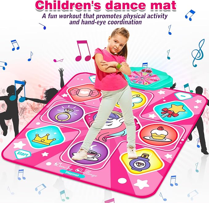 Kusntin Dance Mat, Dance Mixer Rhythm Step Play Mat, Pink Dance Pad with LED Lights, Adjustable Volume, Built-in Music, 5 Game Modes, Xmas Birthday Gifts for 3-10 Years Girls Toys (Multicolor)
