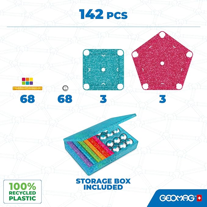 Geomag Classic Glitter 142-pc Magnetic Construction Set for Kids Ages 3 and Up | Swiss-Made STEM Educational Toy Made from 100% Recycled Plastic | Screen-Free Activity
