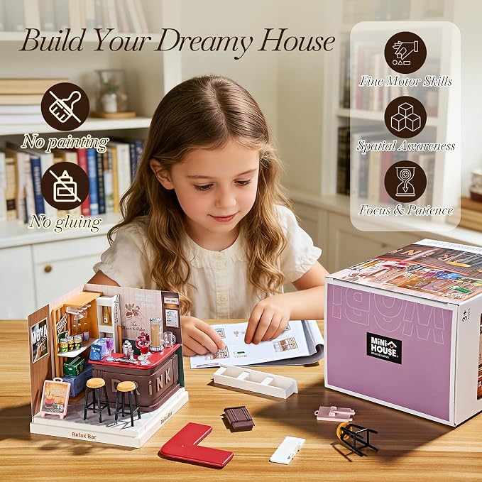Miniature Lounge Bar DIY Kit with Acrylic Display Case – Cozy Mini Bar Dollhouse Scene, Tool-Free Craft Set for Teens, Adults & Beginners