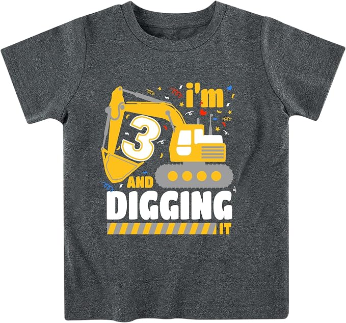 Lovekider 2-5 Years Birthday Boy Shirt Construction Party T-Shirts Excavator Cotton Short Sleeve Tee Dark Grey