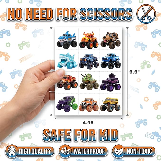 Monster Truck Temporary Tattoos for Kids - 96 Pcs Pre-Cut 3D Cute | Art Style Tattoos, 8 Sheets Dinosaur & Shark Truck Stickers for Boys Birthday Party Favors, Goodie Bag Stuffers, Rewards